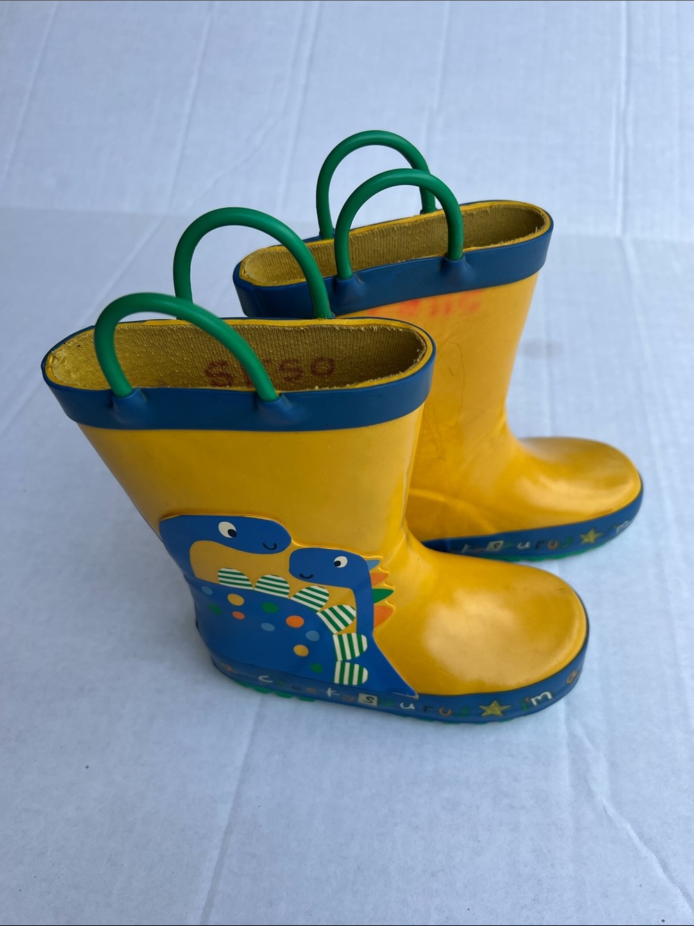 Kids Yellow Dino Rain Boots with Blue Trim